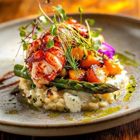 Butter poached lobster over lobster risotto with asparagus